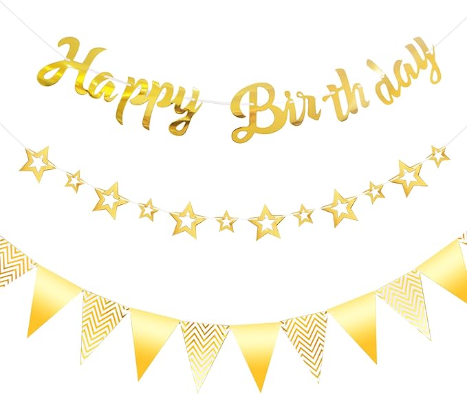 CANREVEL 3 PCS Gold Happy Birthday Banners, Hanging Stars Garland and Pennant Banner Flags, Gold Party Decorations, Golden Birthday Party Supplies for Women Men Girls Boys Adults
