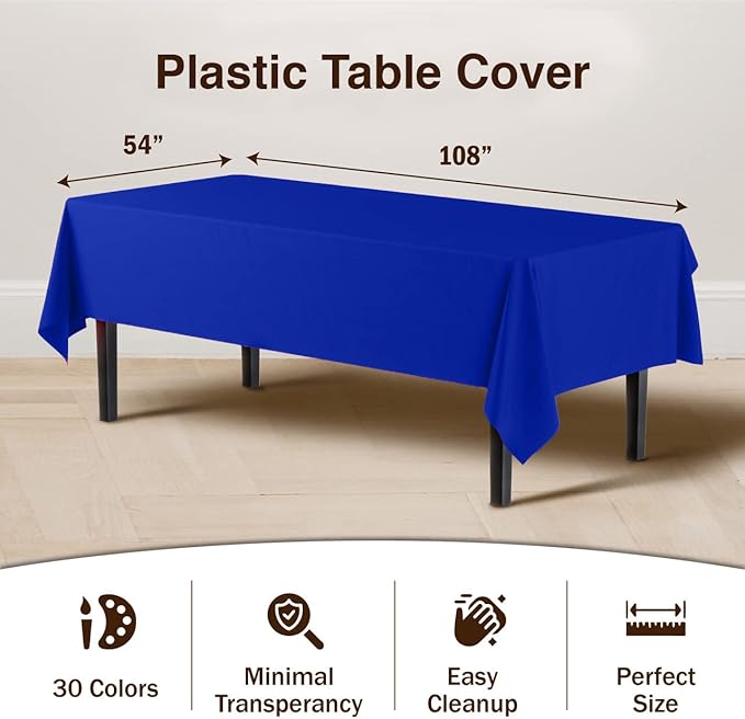 Exquisite Party Solids 6-Pack Premium Plastic Tablecloth 54in. x 108in. Rectangle Plastic Table Cover - Blue
