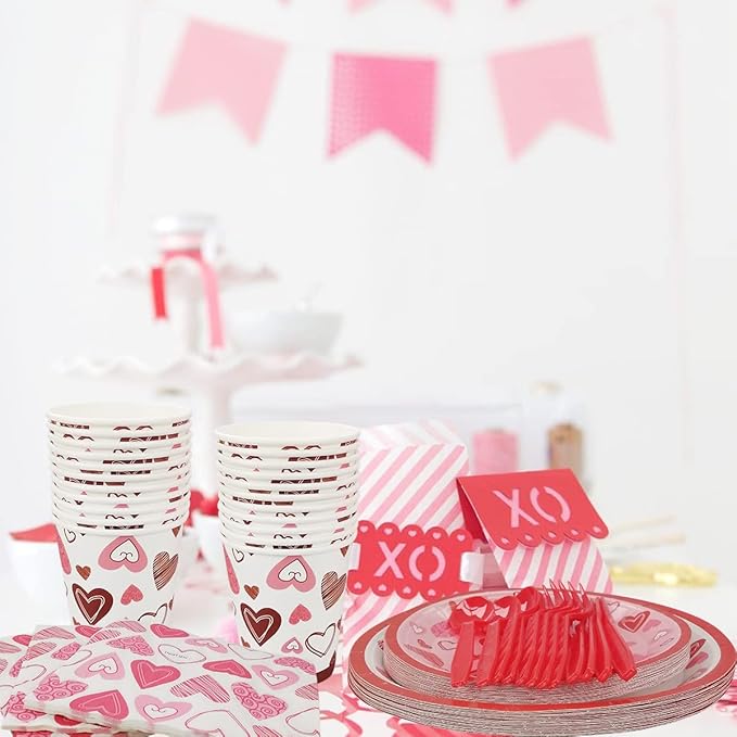 Valentine Party Supplies Pack Serving 24 Guests, Including Dinner Plates, Luncheon Napkins Knife Fork Spoon and Cups Tableware Set Kit for Valentines Day Wedding Anniversary Party Decorations Favors