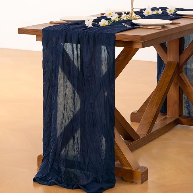 Socomi 10pcs Navy Blue Easter Spring Cheesecloth Table Runner Boho Rustic Gauze 120 inch 10FT Cheese Cloth Runner for Wedding Party Baby Shower Birthday Home Decor Holiday Decorations