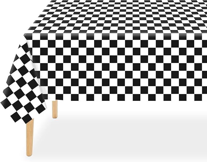 QIKSION Checkered Tablecloth Disposable 2 Pack, 54 x 108 Inch Black and White Checkered Flag Table Cloth for Race Car Decorations, Birthday Party Supplies, Rectangle, Plastic Table Cover
