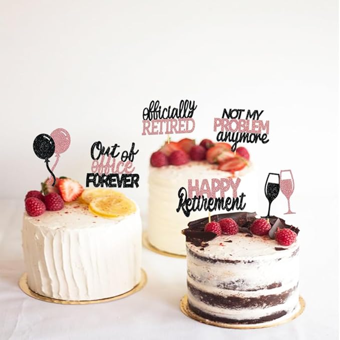 24 Pcs Happy Retirement Cupcake Toppers Officially Retired Cupcake Picks, Out Of Office Forever Retirement Theme Cake Toppers Decorations for Farewell Party Cakes (Black&Rose Gold)