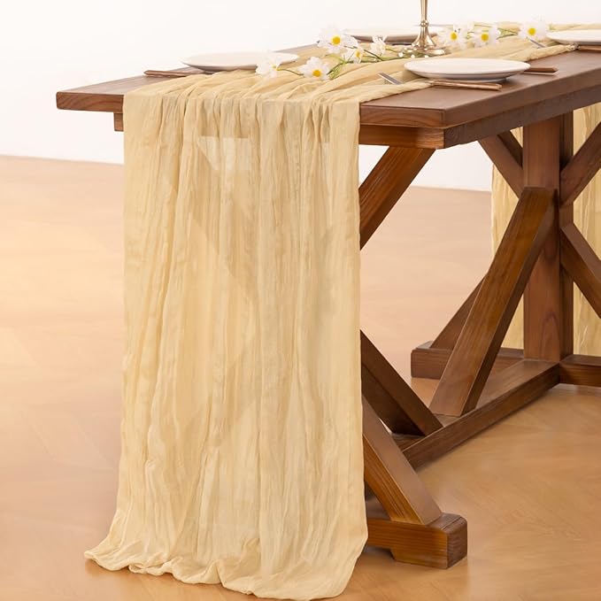 Socomi 3pcs Gold Champagne Cheesecloth Table Runner Easter Spring Boho Rustic Gauze 120 inch 10FT Cheese Cloth Runner for Wedding Party Baby Shower Birthday Home Decor Holiday Decorations