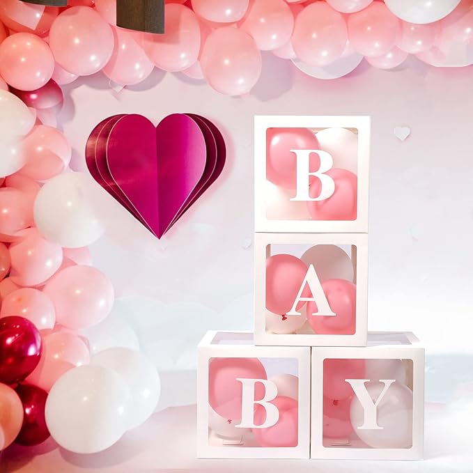 Baby Boxes with Letters, 4 Transparent Balloon for Gender Reveal Birthday Wedding Baby Shower Decorations (White)