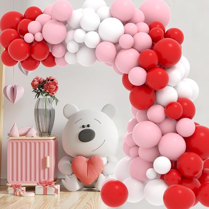 Red Pink White Balloon Arch Garland Kit, 122PCS Red Light Pink White Party Balloons for Birthday Proposal Wedding Engagement Anniversary Bridal Shower Galentines Day Party Romantic Decorations