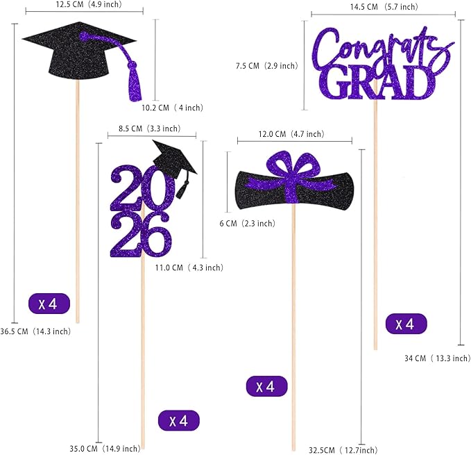 Gexolenu 16 PCS Purple and Black Double-Sided 2026 Graduation Centerpieces for Tables, 2026 Table Toppers Party Centerpiece Sticks Party Supplies, Graduation Party Decorations Class of 2026, Set of 4