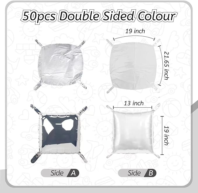50PCS White and Silver Square Foil Balloon Wall, Double Sided Metallic Silver White Garland Kit, Reusable DIY Mylar Balloon Arch for Anniversary Birthday Engagement Bridal Baby Shower Party Decor