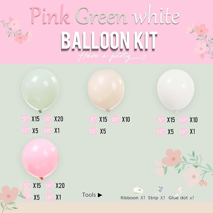 Pastel Pink and Green Balloon Garland Arch Kit 143 Pcs Light Pink Sand White mint Sage Green Balloons for Girl Baby Shower spring Fairy Girls 1st Birthday Party Decorations