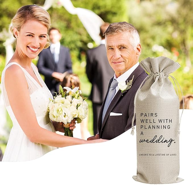 Pairs Well With Planning a Wedding Wine Bag, Engagement, Funny Personalized Burlap Drawstring Wine Bag for Friend Newlyweds, Wedding Party Decorations (J353)
