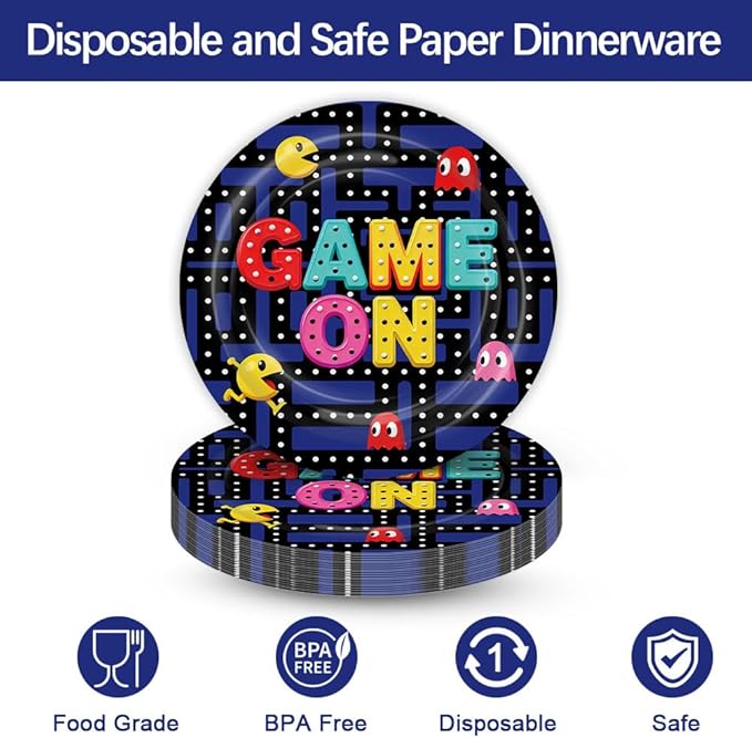 Game on Maze Themed Party Decorations Supplies Retro Arcade Game Themed Party Tableware Set Include Plates, Cups, Napkins,Cutlery and Straw for Birthday Party Decorations Serves 24