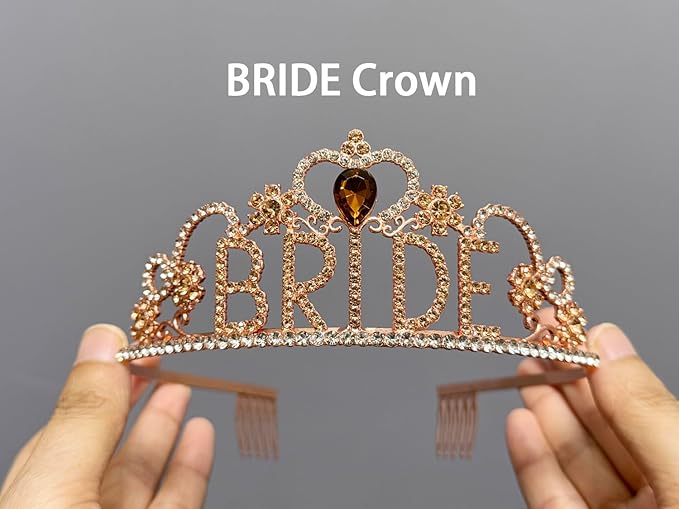 JETKONG 3 Pcs Bachelorette Party Decorations BRIDE Crown, Bride to Be Sash&Veil for Women Bachelorette Party Gifts, Bridal Shower Supplies, Gifts, Favors (Rose Gold)