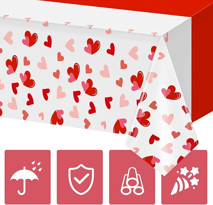 Hxezoc 54 x 108 Inch Valentines Day Tablecloth, Disposable Heart Plastic Table Cover for Girls Kids Valentines Birthday Baby Shower Party Decorations Outdoor Indoor Party Supplies