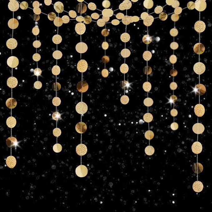 Shining Gold Circle Dots Hanging Garland Sparkling Gold Circle Dots Hanging Streamer Glitter Bunting Banner Backdrop for Wedding Baby Shower Birthday Xmas Decor 40 Feet