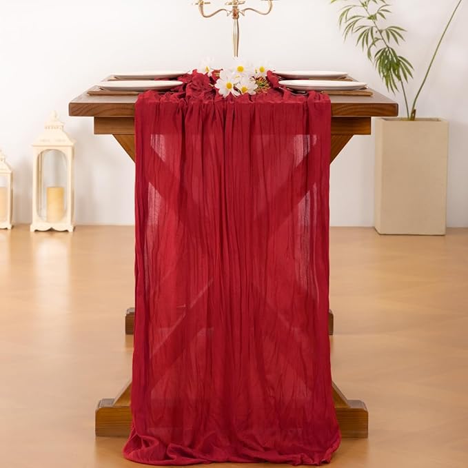 Socomi 10pcs Red Cheesecloth Table Runner Boho Rustic Gauze 120 inch 10FT Cheese Cloth Runner for Wedding Party Baby Shower Birthday Home Decor Holiday Decorations