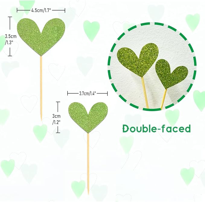 24Pcs Glitter Heart Cupcake Toppers for Valentine's Day Decorations, Mixed Size Double-Sided Heart Valentine's Day Cupcake Toppers for Wedding Bridal Shower Party Decorations (Green)