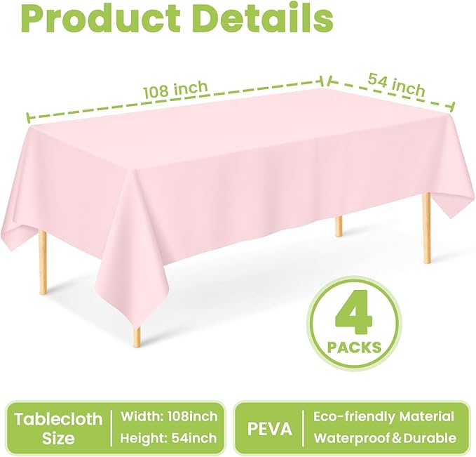 Mulbozy Pink Plastic Table Cloth Disposable 4 Pack, 54 × 108 Inch Tablecloths Rectangle, Light Pink Plastic Table Cover for Party Decor