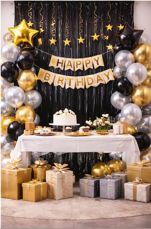 Black Foil Fringe Backdrop Curtain 2 Pack – 3.2 x 6.4 ft Metallic Tinsel Streamer Party Decoration for Photo Booth, Birthday Party, Graduation & Celebration Backdrop