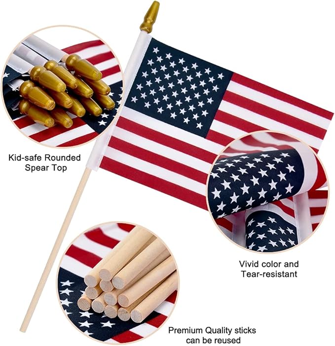 12 Pack Small American Flags on Stick Small US Flags/Mini American Flags for Outside 4x6 Inch American Hand Held Stick Flags with Kid-Safe Spear Top, Patriotic Veterans Day Decorations, 4th of July Decorations