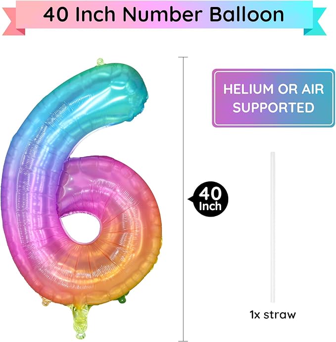 Rainbow Number 6 Balloon, 40 Inch Large Number Foil Mylar Balloons for 6th Girl Boy Birthday Party Celebration Decorations Supplies, Digital Balloons for Wedding Anniversary Events Decora