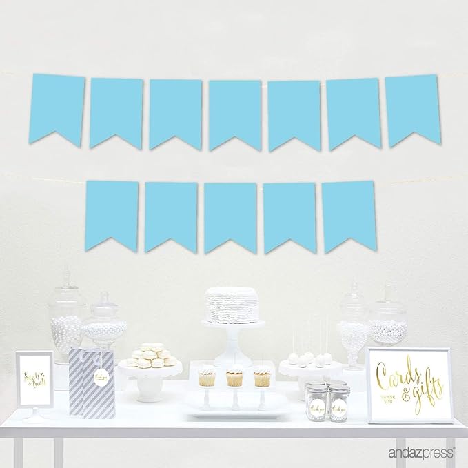 Andaz Press Hanging Pennant Banner with String, Baby Blue, 1-Set, 24 Pennants, Approx. 12-Feet Long