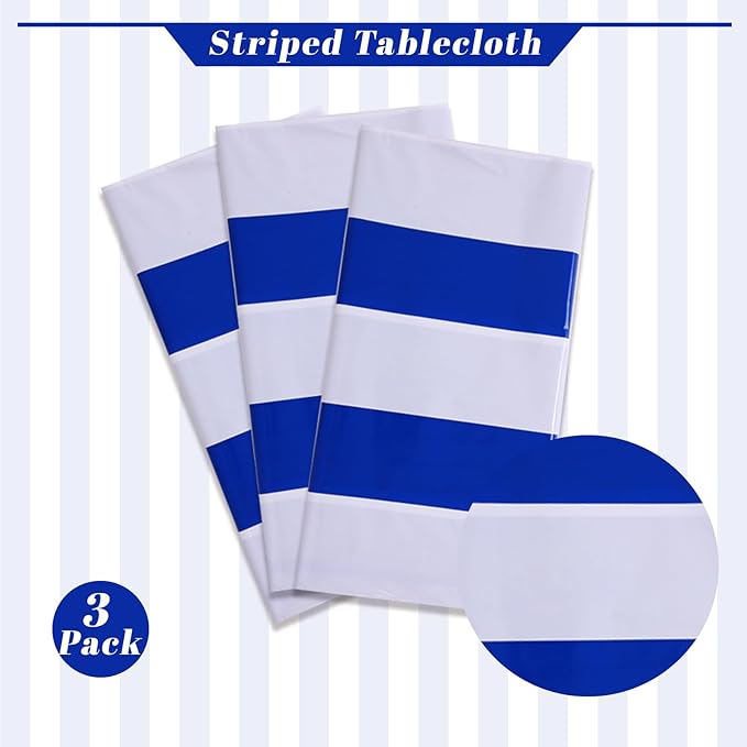 Kesfey 3 Packs Blue and White Horizontal Striped Tablecloth 54 x 108 Inch Blue Nautical Plastic Table Coths Roll Disposable Waterproof Geometric Picnic Party Stripe Tablecover for Camping Dining