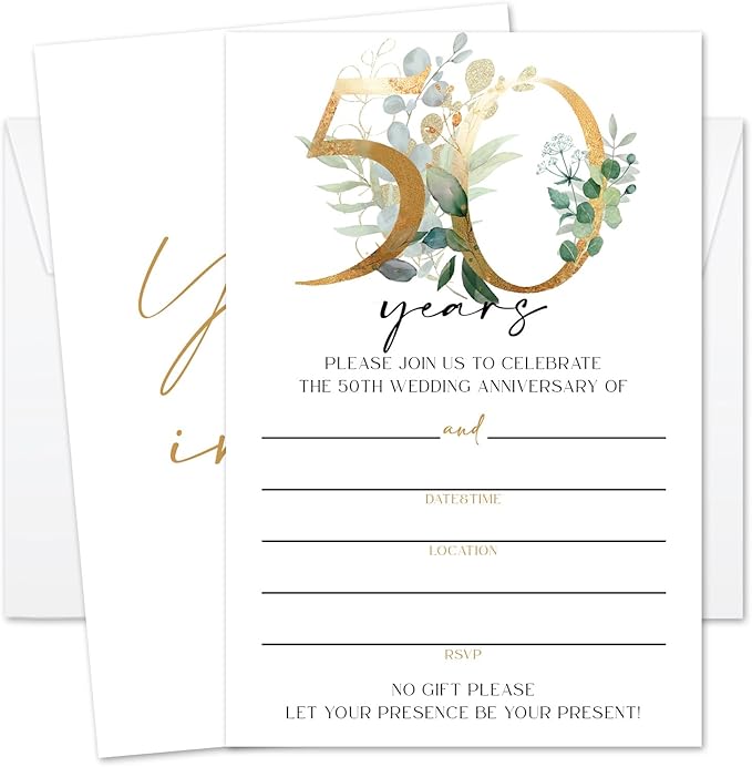 Greenery 50th Wedding Anniversary Invitations, 50th Anniversary Invites, Wedding Party Supplies, 25 Pcs Cards & Envelopes /10