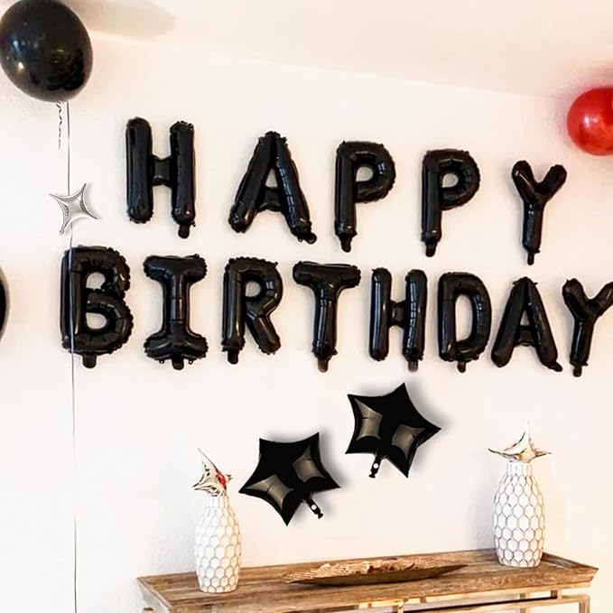 23pcs Birthday Balloons Banner, 3D Black Premium Mylar Foil Letter Happy Birthday Banner with 5pcs Star Balloons Kits for Kids, Girls, Boys, Men, Adults Party Decorations Supplies