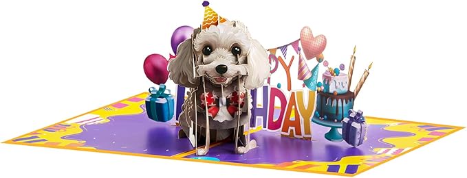 Poodle Dog Pop Up Happy Birthday Greeting Card, ideal love Gift for Adult and Kid with Blank Note & Envelope, Foldable Celebration for Daughter, Son, Mom, Dad, Friend, Children
