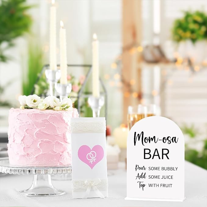 Baby in Bloom Shower Decorations, Baby Shower Sign, Newborn Gifts, Mom-Osa Bar Signs, Modern Calligraphy Arched Acrylic Table Top Signs With Stand for Birthday Party Decorations (White)