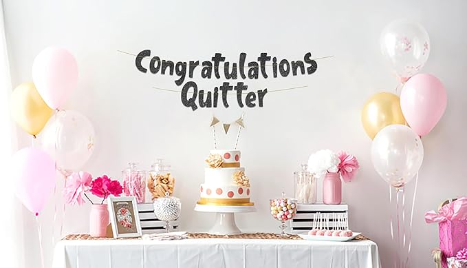 Pre-Strung Congratulations Quitter Black Glitter Banner - Retirement Decorations for Men and Women - Retirement Party Supplies and Gifts