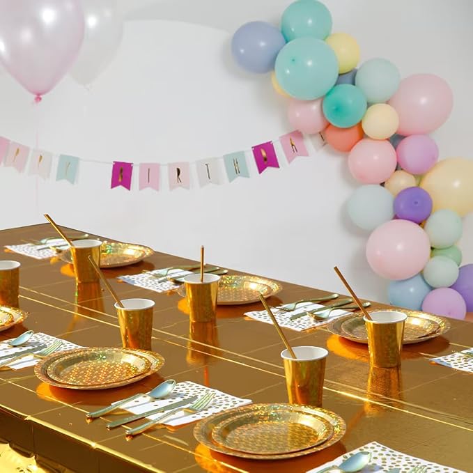 201-piece disposable party tableware set with paper plates, cups, napkins, straws, tablecloths, plastic knives, forks and spoons for a variety of party occasions for up to 25 people (Golden Glass)