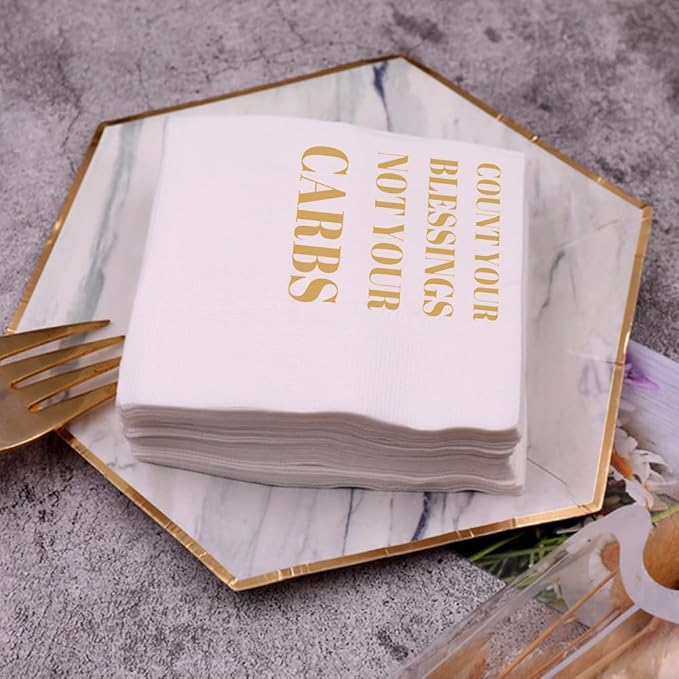 Funny Cocktail Napkins 100Pcs Funny Quotes Saying Disposable Paper Party Napkins 4.5 x 4.5 Two-ply (Count Your Blessings Not Your Carbs Napkins)