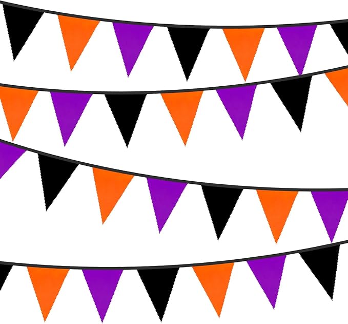 GCQQ 39FT Halloween Triangle Banner - 42Pcs Black Orange Purple Pennant Banners Flag Halloween Cotton Bunting Party Garlands for Porch Classroom Wall Fireplace Indoor Outdoor Decoration