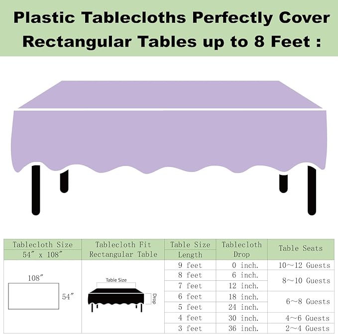 Plastic Lavender Tablecloths 3 Pack Mauve Disposable Table Covers 54" x 108" Lilac PEVA Table Cloths for Parties Bridal Shower Engagement Wedding Birthday Banquet, Fits 6 to 8 Foot Rectangle Tables