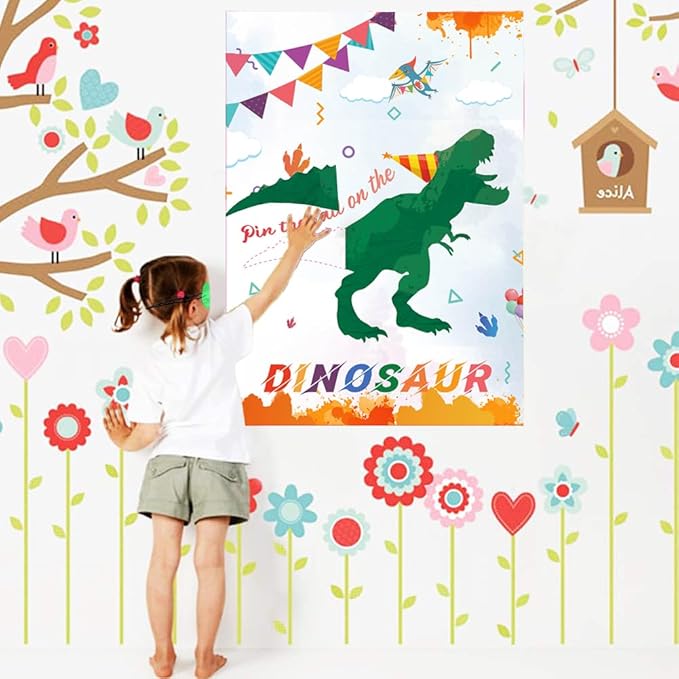 T-Antrix Pin The Tail on The Dinosaur Game -Dinosaur Party Games for Kids Boys with 21'' x 28'' Poster, Reusable Tails Party Supplies for Kids Girls Birthday Party Favor Sets