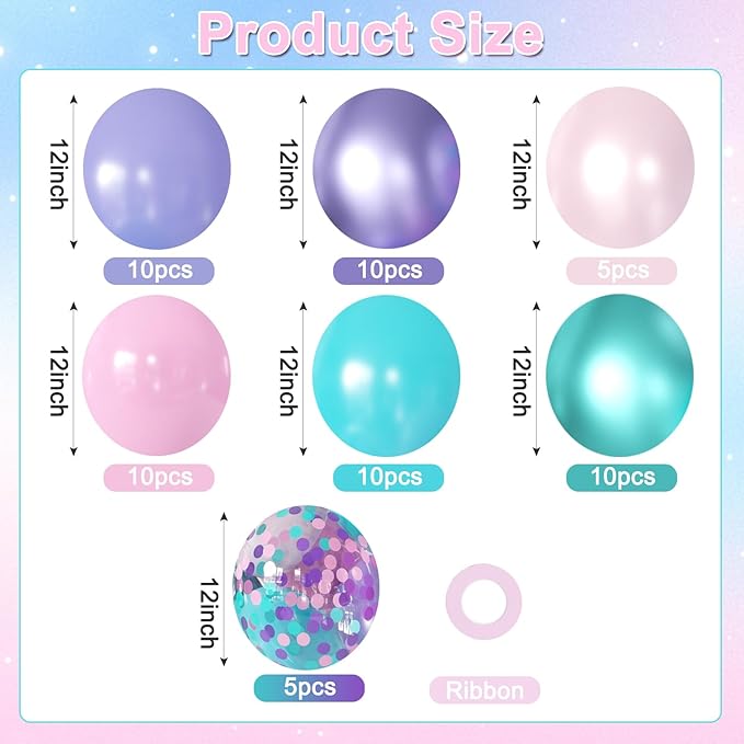 Mermaid Balloons, 60Pcs 12inch Metallic Purple Pink Blue Balloons with Confetti Balloons for Ocean Sea Themed Baby Shower Gender Reveal Birthday Party Decorations