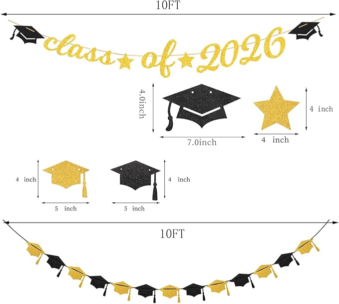 Black Gold Party-Decoration Graduation Banner - 14pcs Kits Cap Garland Streamers, Paper Tissue Pom Poms Flowers Fans Honeycomb,Class Of 2026 College High School Grad Decor Hugfond