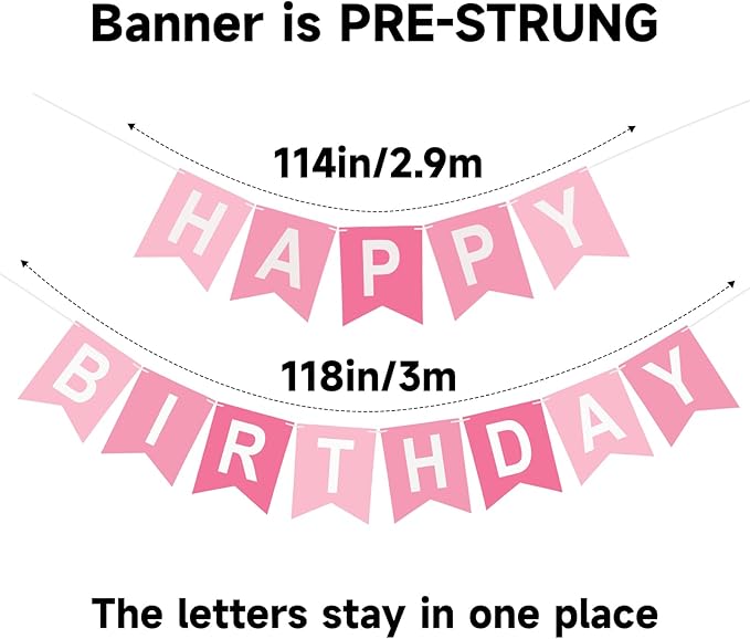 Pink Happy Birthday Banner Birthday Party Banner NO DIY Happy Birthday Sign Pre-Strung Birthday Hanging Decoration for Women Men Girl Boy Party Supplies (Pink)