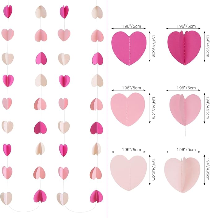 GCQQ Valentines Decorations - 3D Hot Pink Valentine's Day Decoration Paper Garland 39Ft Bridal Shower Decorations Hanging Heart Streamers for Mothers Day Galentines Day Wedding Birthday Party Decor