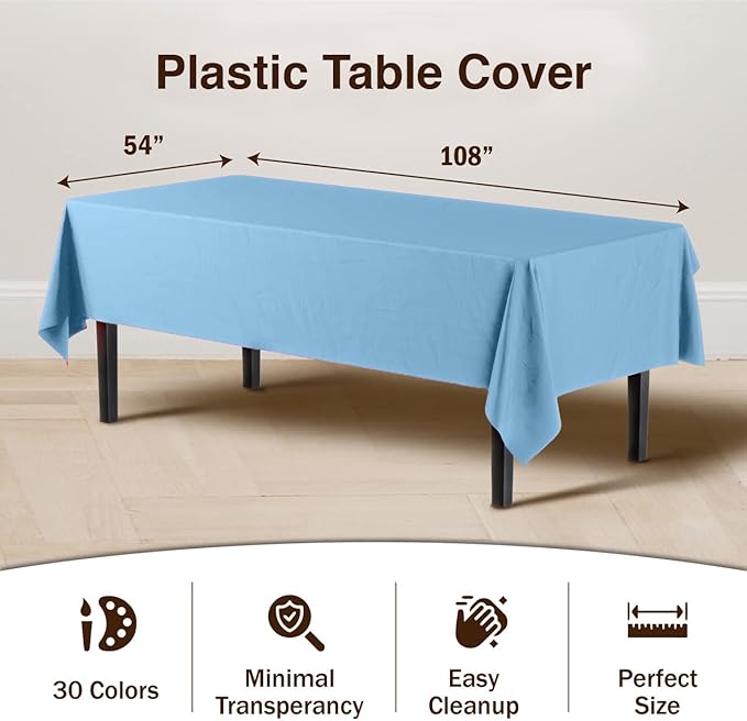 Exquisite 12-Pack Premium Plastic Tablecloth 54in. x 108in. Rectangle - Light Blue