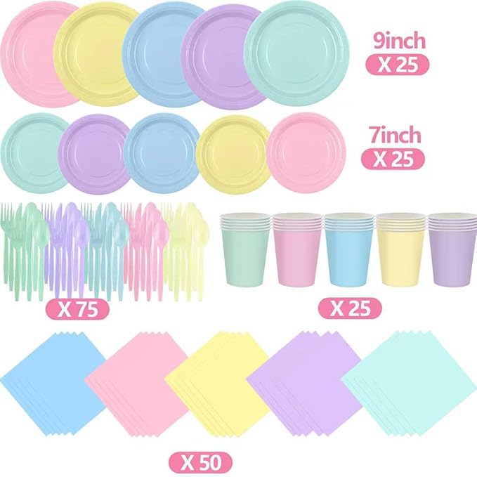 200 Pcs Pastel Rainbow Disposable Dinnerware Set, Macaron Color Paper Plates Cups Napkins Plastic Forks Knives Spoons, Pastel Party Tableware Serves 25 Guests