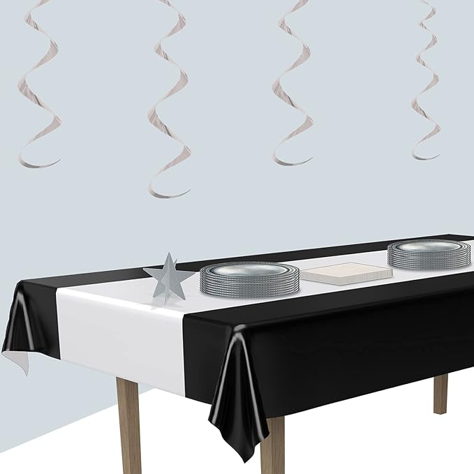 Beistle Sleek Black and Silver Plastic Rectangular Table Cover For Awards Night Theme Graduation Party Supplies Wedding Decorations