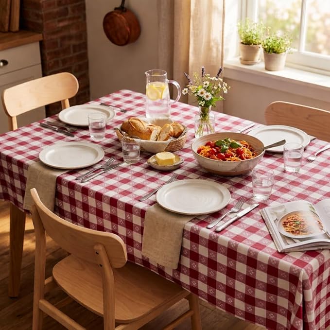 Party Dimensions Red Gingham Disposable Plastic Tablecloths for Rectangle Tables, 54" x 108", 12-Pack, Plastic Table Covers for Parties, Picnics, Events, Indoor & Outdoor Use
