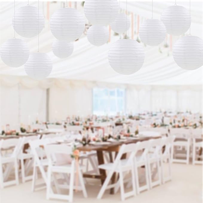 12 Pcs White Paper Lanterns Round Hanging Paper Lanterns for Wedding Birthday Party Baby Shower Engagement Anniversary Decorations