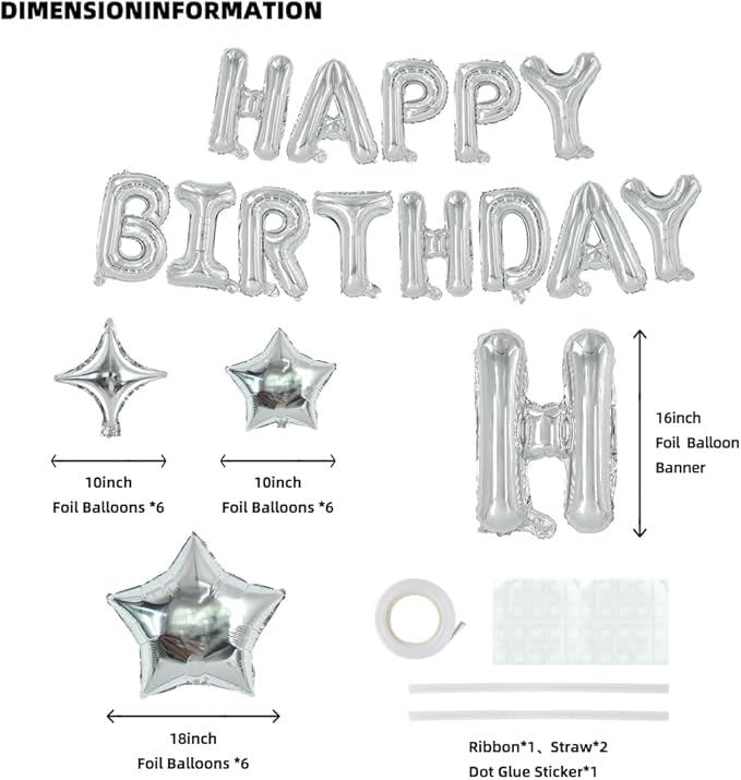 TONIFUL 35PCS Silver Happy Birthday Decorations 16 Inch Happy Birthday Balloon Banner with Star Balloons Mylar Foil Birthday Party Decorations Supplies for Men Women Adults Girls Boys Kids