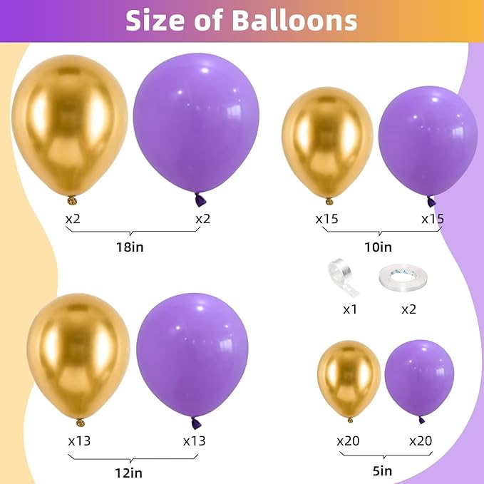 Purple Gold Balloon Garland Arch Kit, Metallic Gold and Latex Purple Balloons Different Sizes 18/12/10/5 inch for Wedding Anniversary Birthday Graduation Bridal Shower Bachelorette Party Decorations