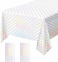 2 Pack White and Iridescent Checkered Tablecloth Shiny Disposable Holographic Foil Table Cloth Plastic Laser Rectangle Table Cover for Picnic Birthday Party Race Car Tablecloth