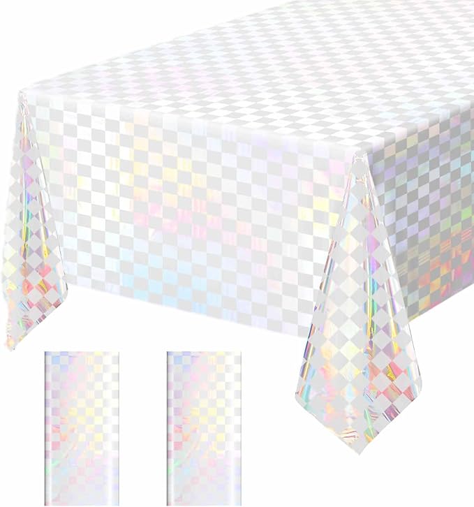 2 Pack White and Iridescent Checkered Tablecloth Shiny Disposable Holographic Foil Table Cloth Plastic Laser Rectangle Table Cover for Picnic Birthday Party Race Car Tablecloth