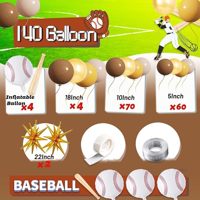 Baseball Balloon Garland Arch Kit - 140pcs Coffee Brown Yellow Gold Nude Balloons with 3D Baseball Bat & Star Balloons for Baseball Party Decorations, Birthday, Sports Theme Party Supplies