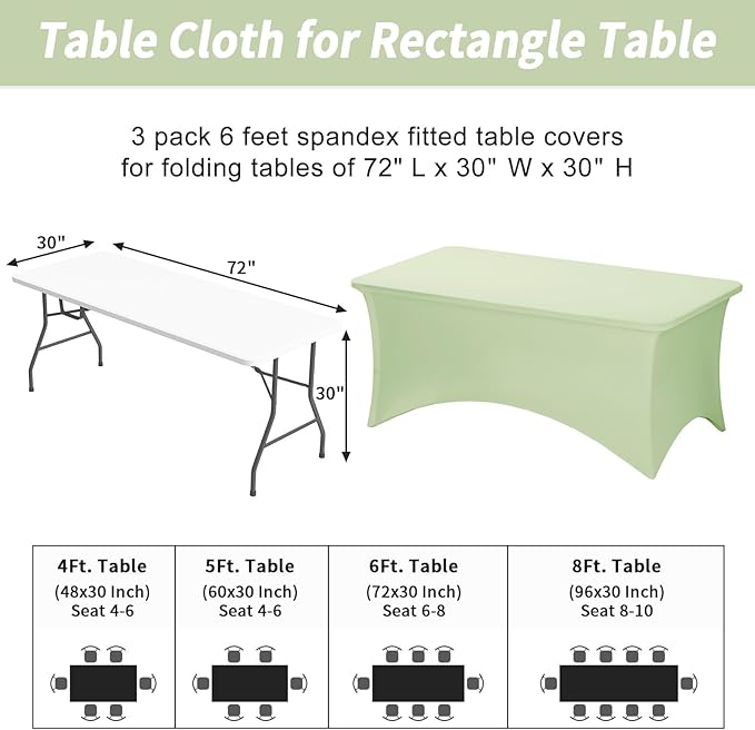 Fixwal 3 Pack Sage Table Cloths Rectangle 6FT, Tablecloths Rectangular Stretch Spandex Fitted Table Covers 6ft for Parties, Trade Shows, Banquet, Weddings, Buffet, Graduation